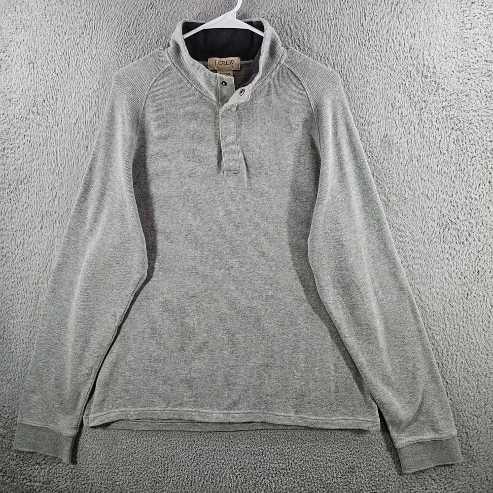 J. Crew Mens Large Gray 100% Cotton Mock Neck Snap Button Pullover Sweater